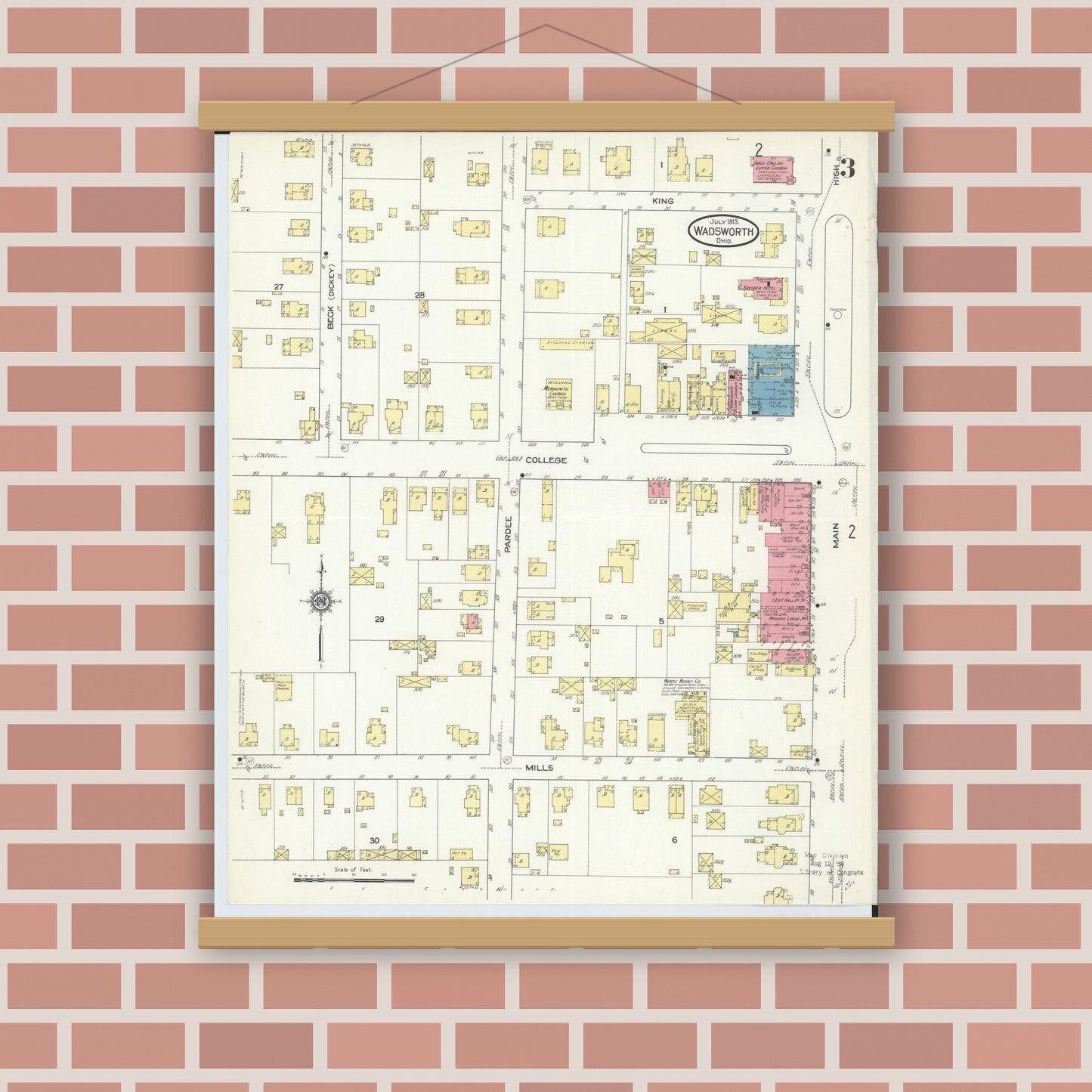 Old map wall art mockup — magnetic wood frame on brick wall — Sanborn Fire Insurance Map from Wadsworth, Medina County, Ohio (1913), Sheet #0003