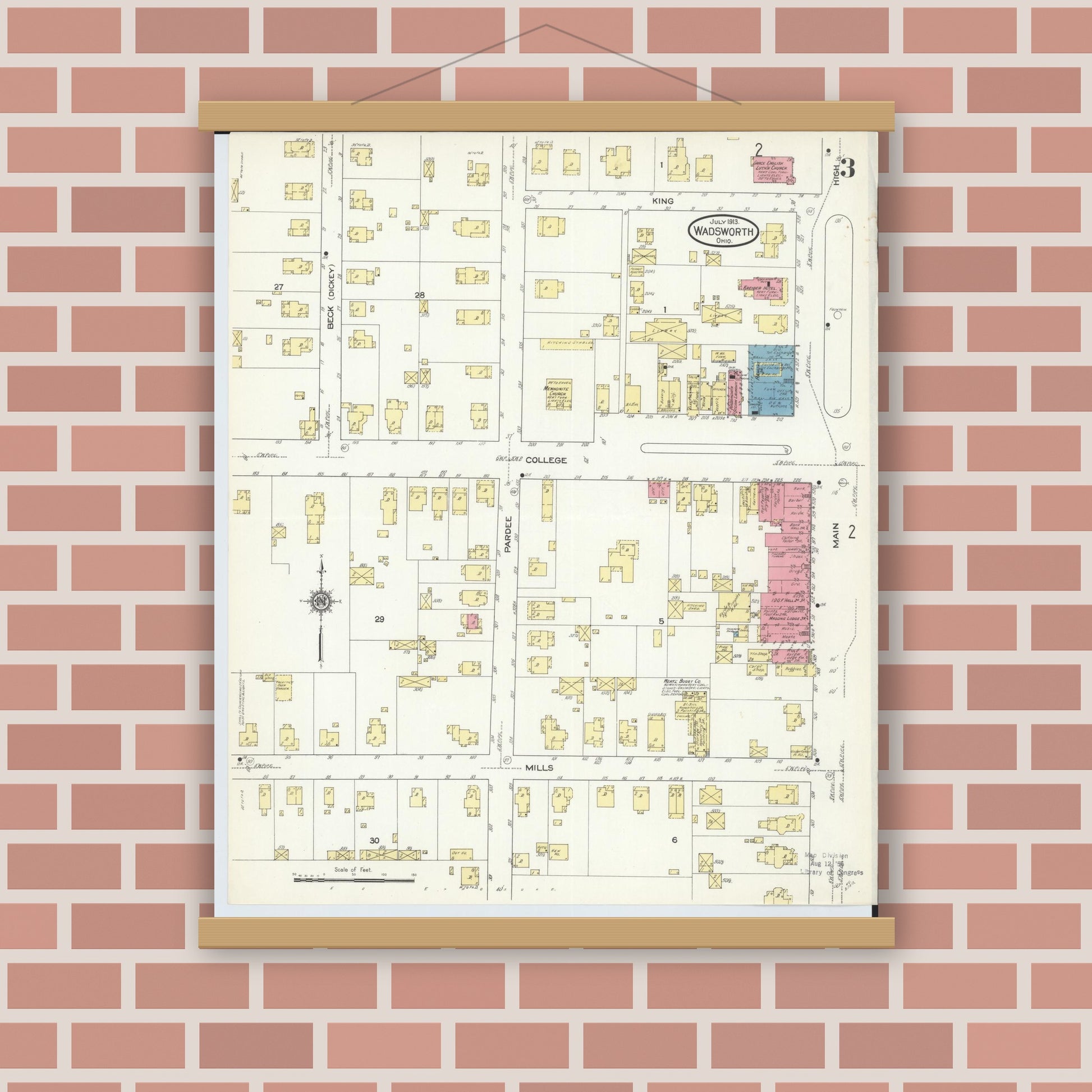 Old map wall art mockup — magnetic wood frame on brick wall — Sanborn Fire Insurance Map from Wadsworth, Medina County, Ohio (1913), Sheet #0003
