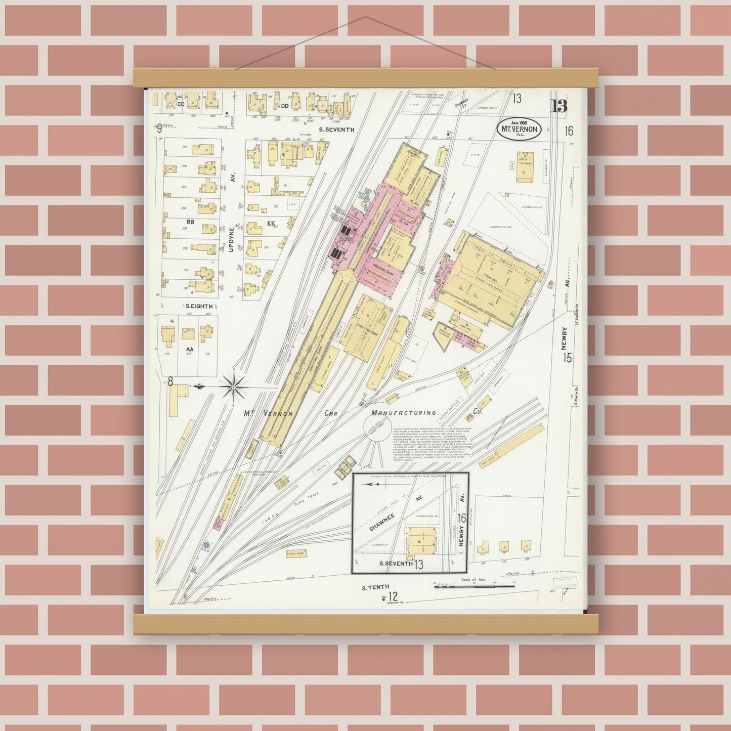 Old map wall art mockup — magnetic wood frame on brick wall — Sanborn Fire Insurance Map from Mount Vernon, Jefferson County, Illinois (1908), Sheet #0013