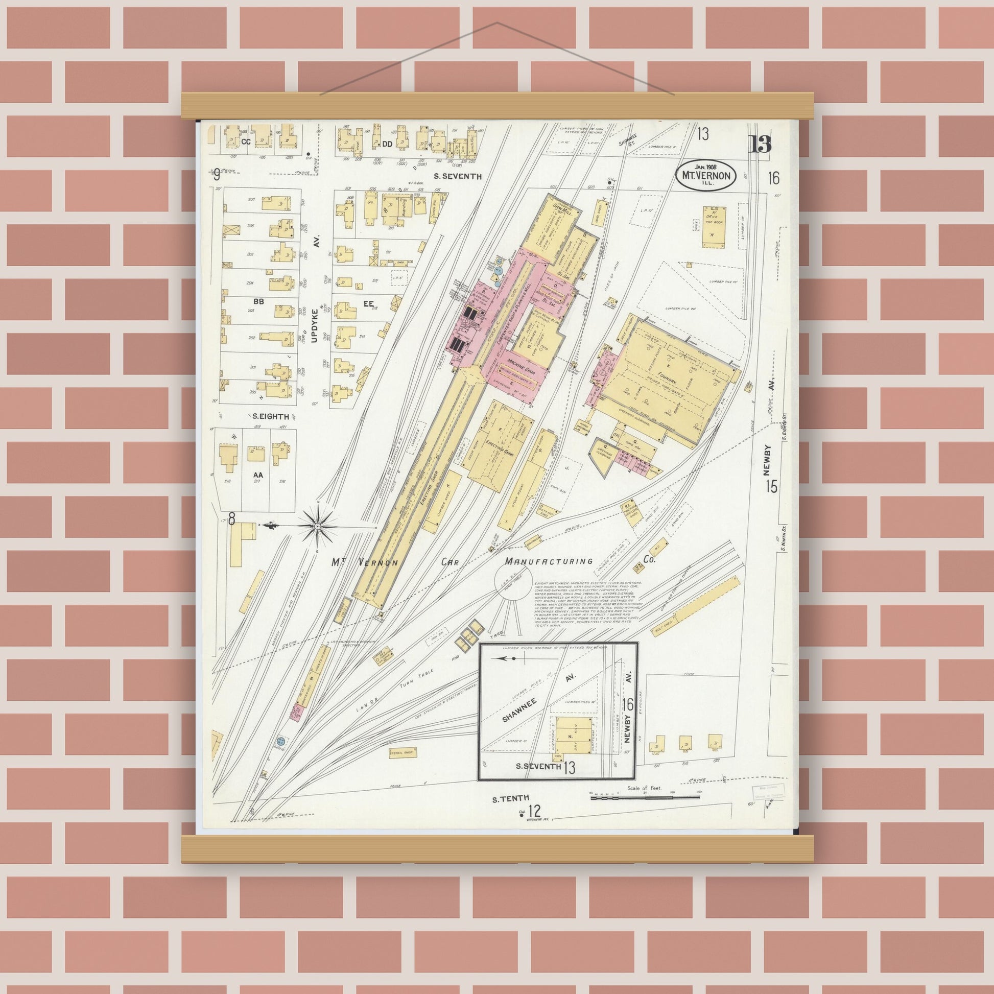 Old map wall art mockup — magnetic wood frame on brick wall — Sanborn Fire Insurance Map from Mount Vernon, Jefferson County, Illinois (1908), Sheet #0013