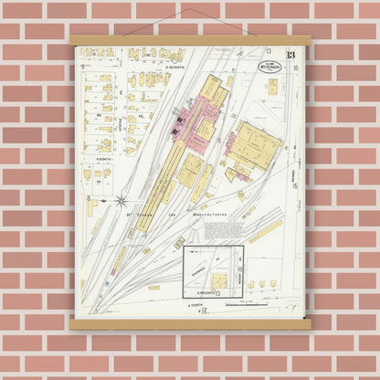 Old map wall art mockup — magnetic wood frame on brick wall — Sanborn Fire Insurance Map from Mount Vernon, Jefferson County, Illinois (1908), Sheet #0013