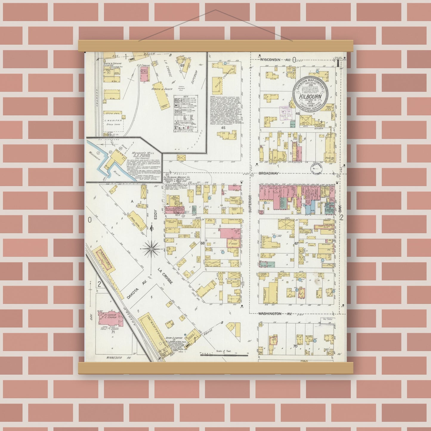 Old map wall art mockup — magnetic wood frame on brick wall — Sanborn Fire Insurance Map from Kilbourn, Columbia County, Wisconsin (1902) - Complete Map Set