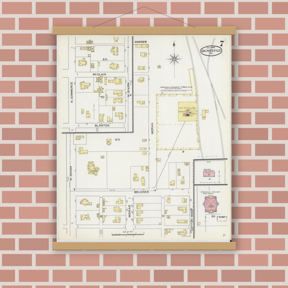 Old map wall art mockup — magnetic wood frame on brick wall — Sanborn Fire Insurance Map from Gainesville, Cooke County, Texas (1892), Sheet #0007