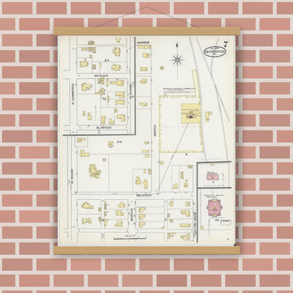 Old map wall art mockup — magnetic wood frame on brick wall — Sanborn Fire Insurance Map from Gainesville, Cooke County, Texas (1892), Sheet #0007