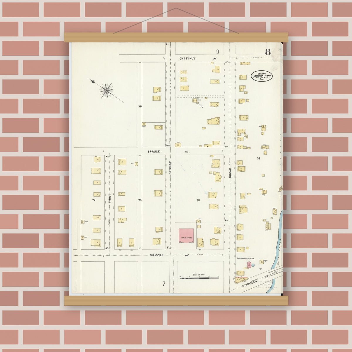 Old map wall art mockup — magnetic wood frame on brick wall — Sanborn Fire Insurance Map from Grove City, Mercer County, Pennsylvania (1906), Sheet #0008