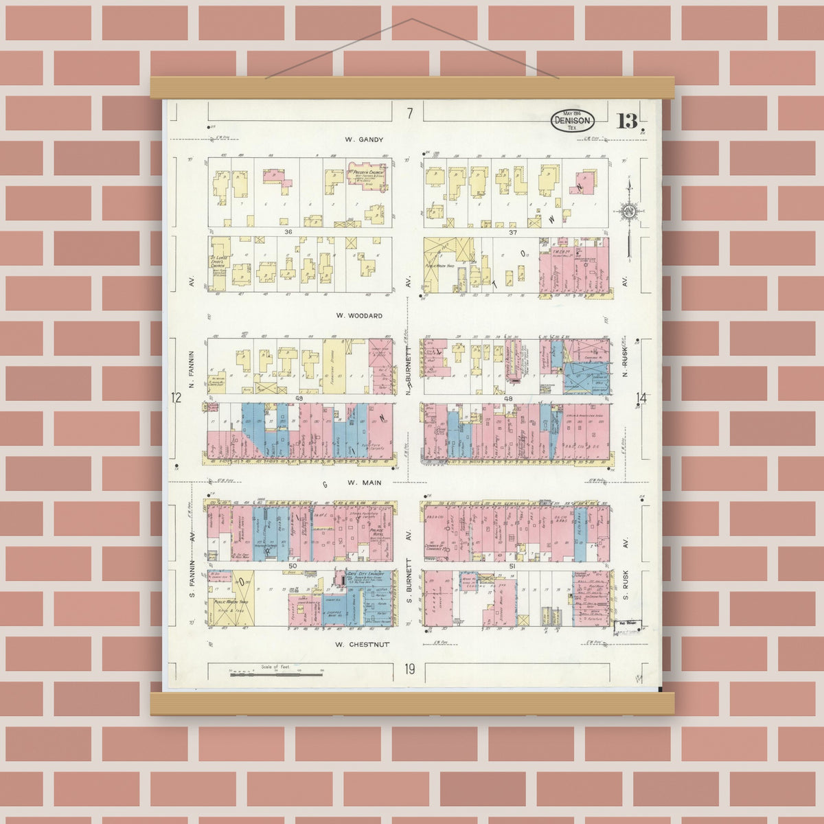 Old map wall art mockup — magnetic wood frame on brick wall — Sanborn Fire Insurance Map from Denison, Grayson County, Texas (1914), Sheet #0013