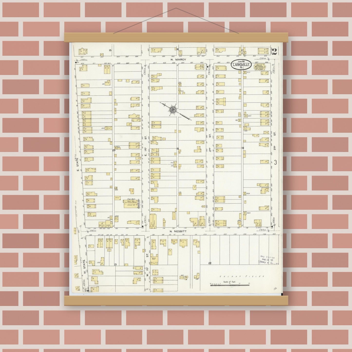 Old map wall art mockup — magnetic wood frame on brick wall — Sanborn Fire Insurance Map from Larksville, Luzerne County, Pennsylvania (1911), Sheet #0002