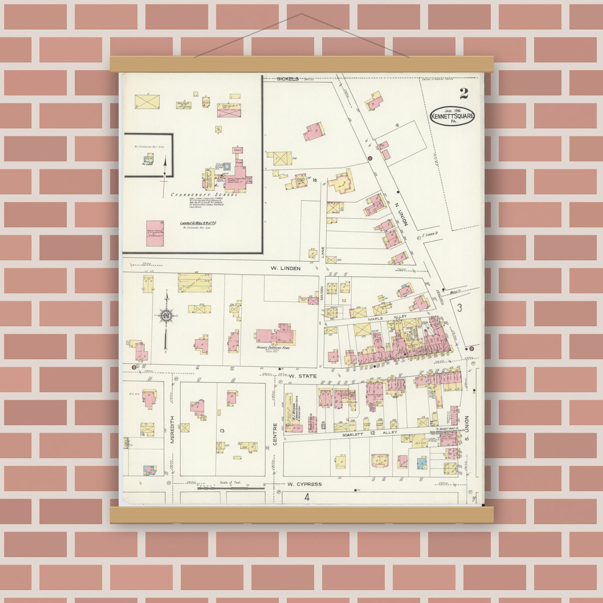 Old map wall art mockup — magnetic wood frame on brick wall — Sanborn Fire Insurance Map from Kennett Square, Chester County, Pennsylvania (1914), Sheet #0002