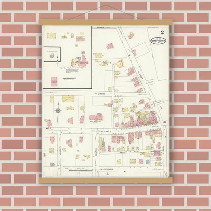 Old map wall art mockup — magnetic wood frame on brick wall — Sanborn Fire Insurance Map from Kennett Square, Chester County, Pennsylvania (1914), Sheet #0002