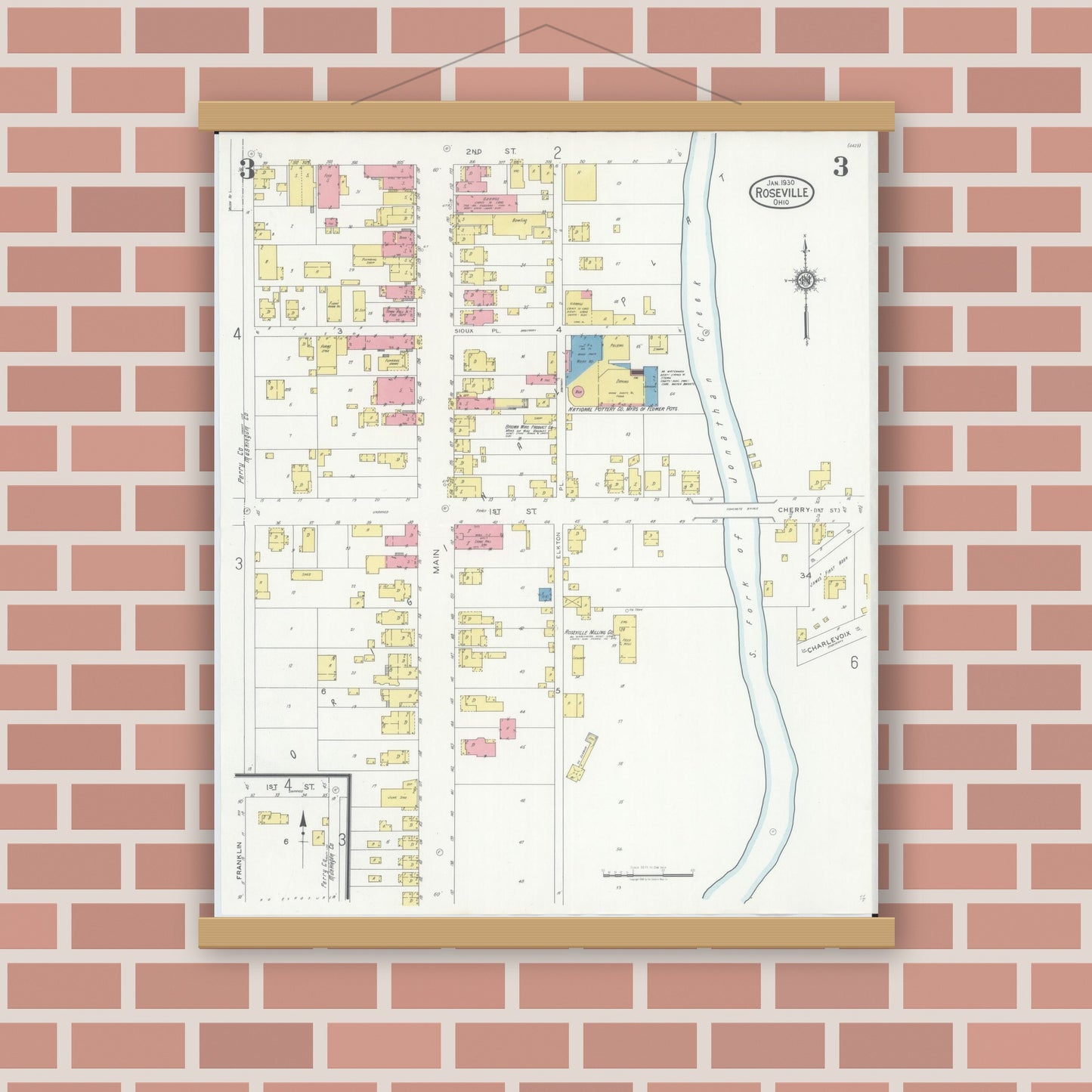 Old map wall art mockup — magnetic wood frame on brick wall — Sanborn Fire Insurance Map from Roseville, Perry And Muskingum Counties, Ohio (1930), Sheet #0003