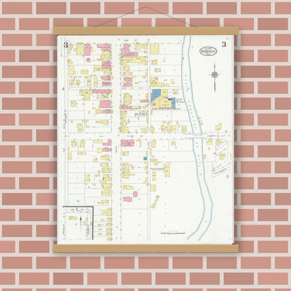 Old map wall art mockup — magnetic wood frame on brick wall — Sanborn Fire Insurance Map from Roseville, Perry And Muskingum Counties, Ohio (1930), Sheet #0003