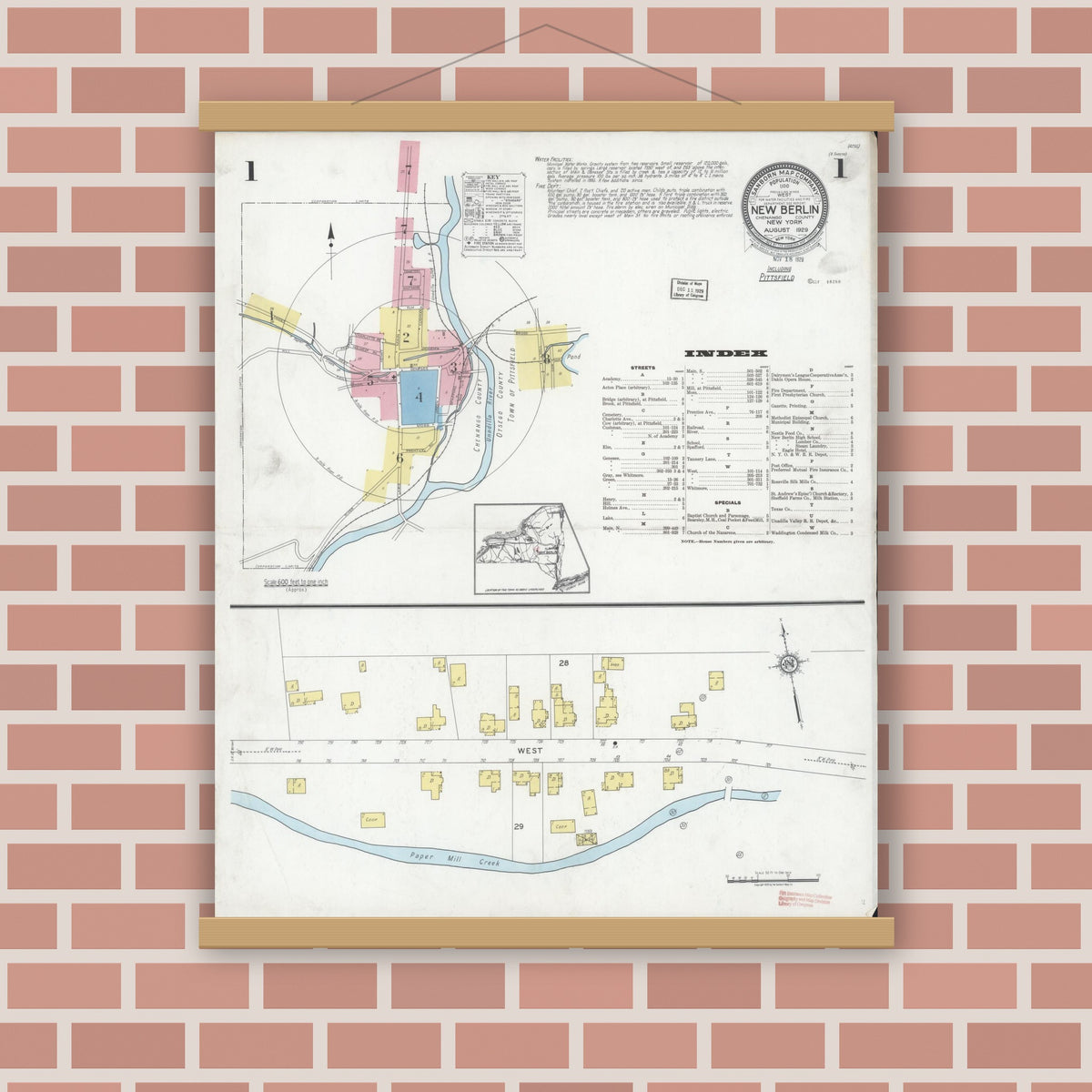 Old map wall art mockup — magnetic wood frame on brick wall — Sanborn Fire Insurance Map from New Berlin, Chenango County, New York (1929) - Complete Map Set