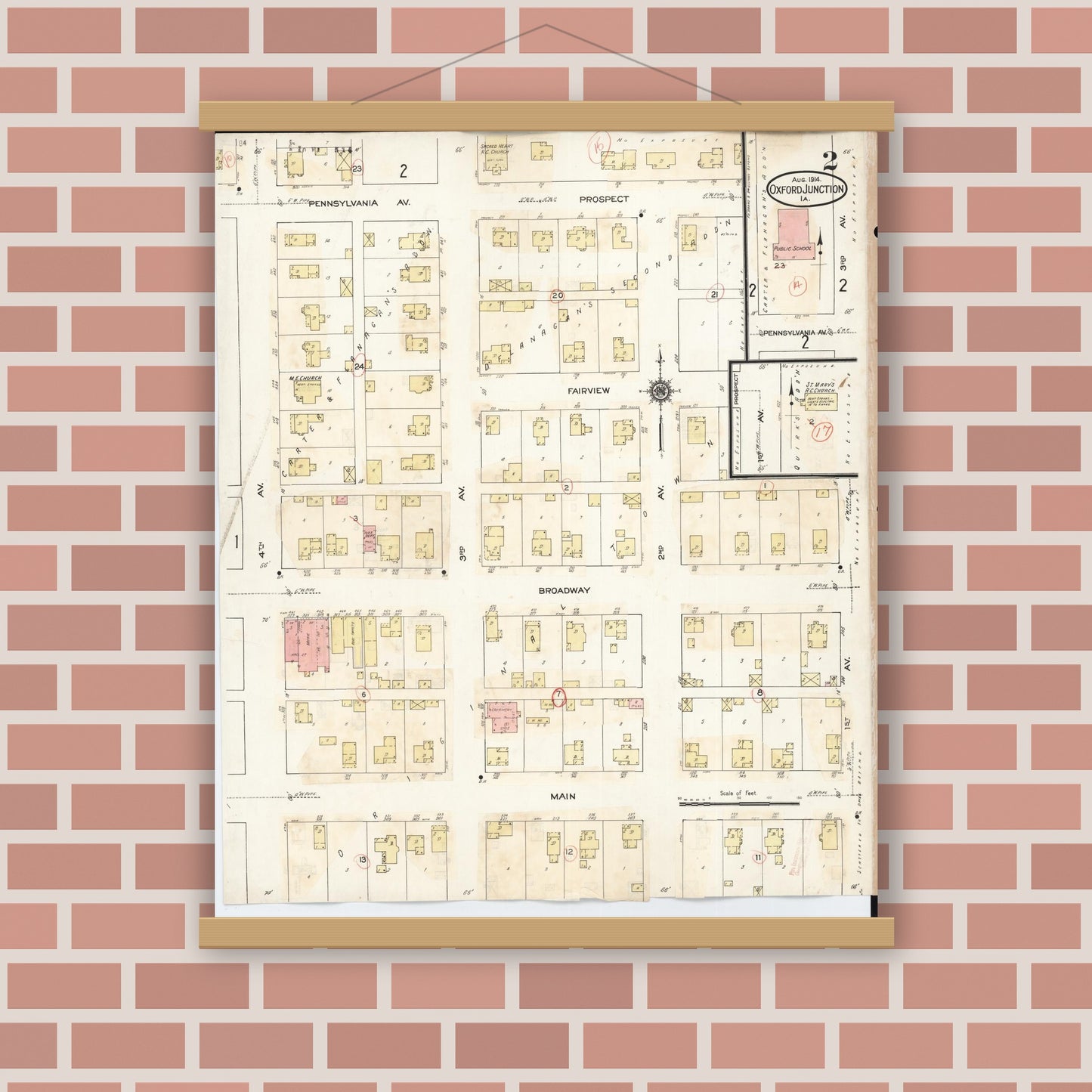 Old map wall art mockup — magnetic wood frame on brick wall — Sanborn Fire Insurance Map from Oxford Junction, Jones County, Iowa (1939), Sheet #0002