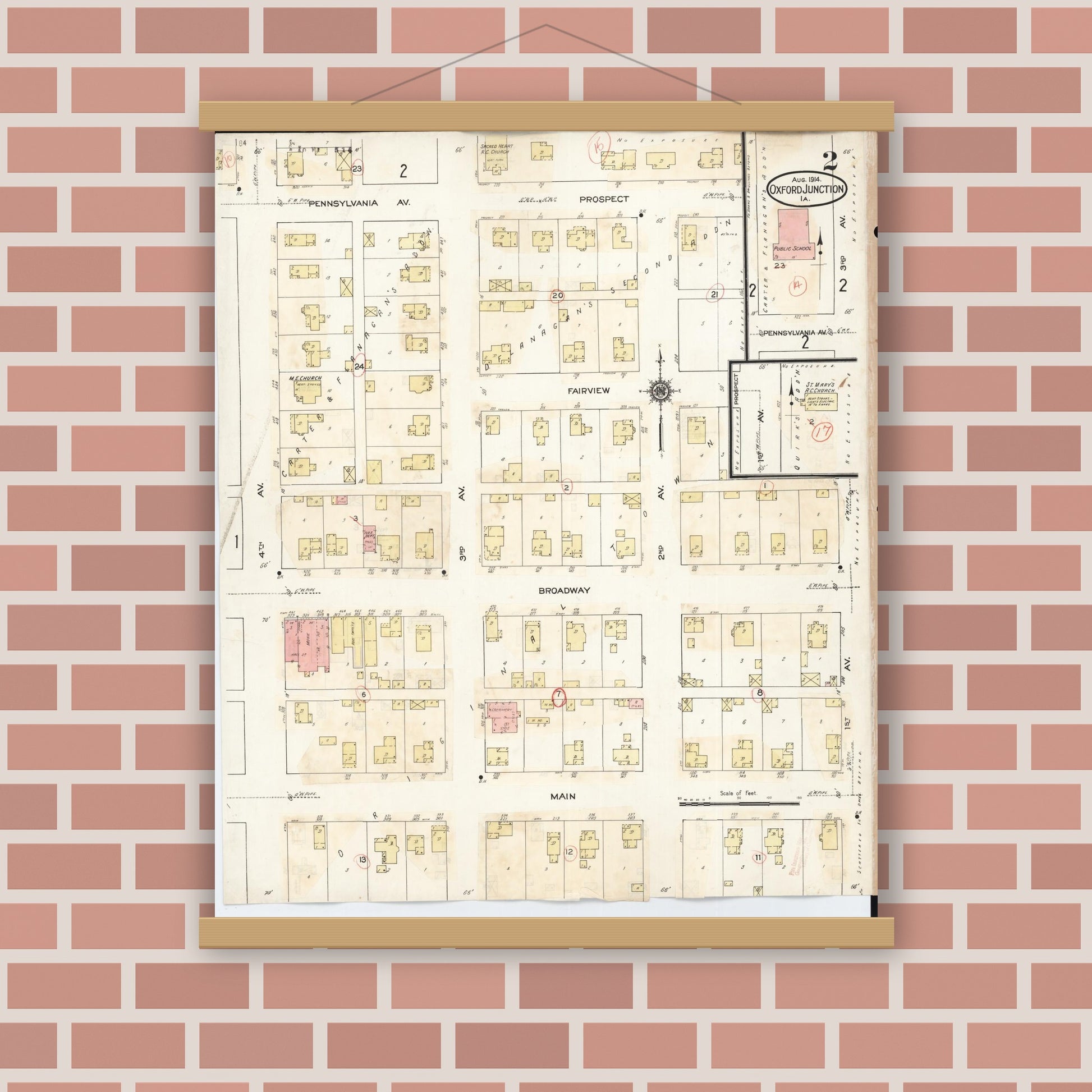 Old map wall art mockup — magnetic wood frame on brick wall — Sanborn Fire Insurance Map from Oxford Junction, Jones County, Iowa (1939), Sheet #0002