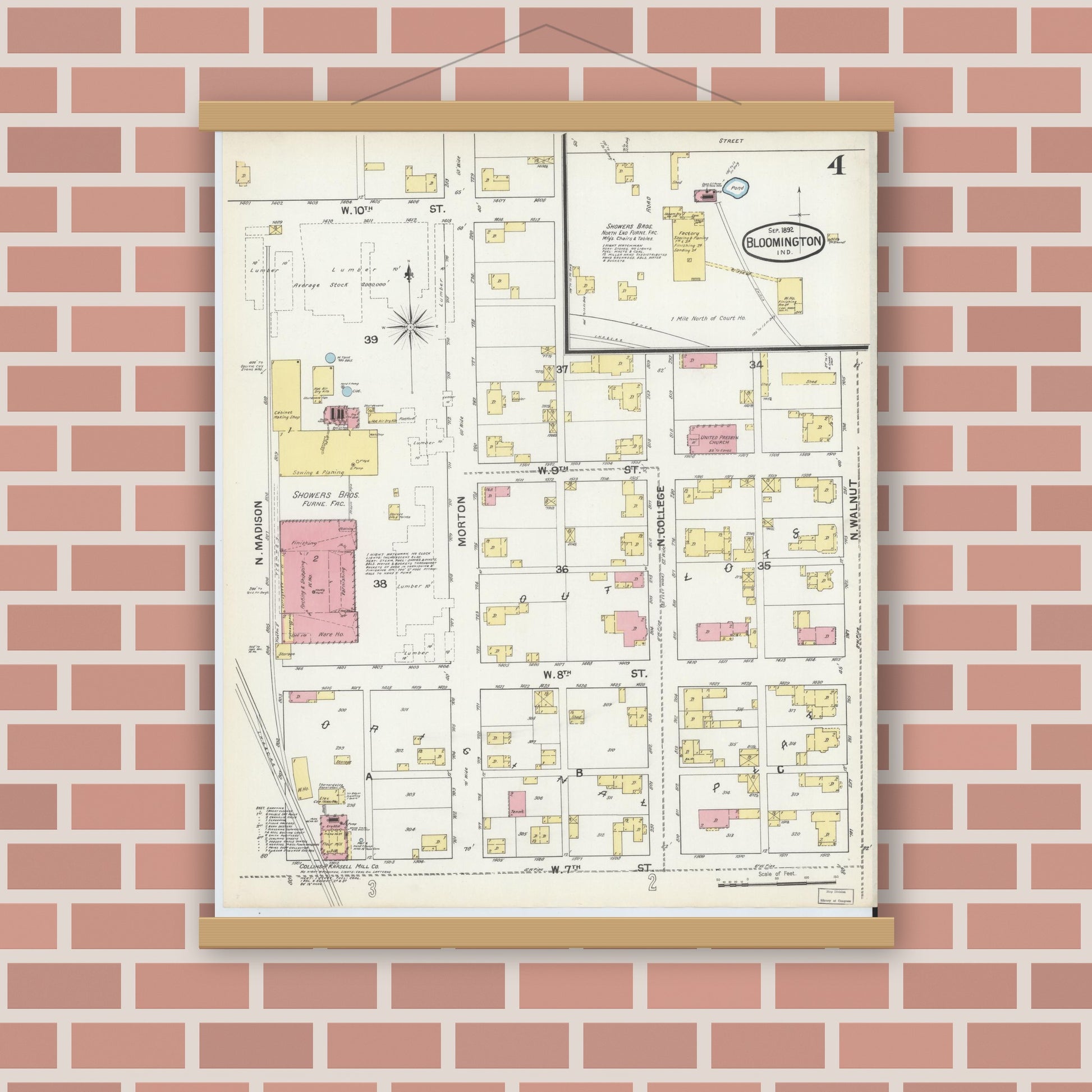 Old map wall art mockup — magnetic wood frame on brick wall — Sanborn Fire Insurance Map from Bloomington, Monroe County, Indiana (1892), Sheet #0004