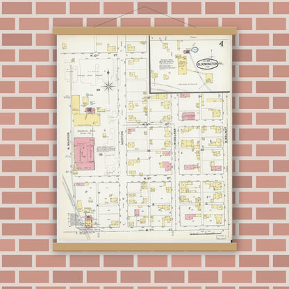 Old map wall art mockup — magnetic wood frame on brick wall — Sanborn Fire Insurance Map from Bloomington, Monroe County, Indiana (1892), Sheet #0004