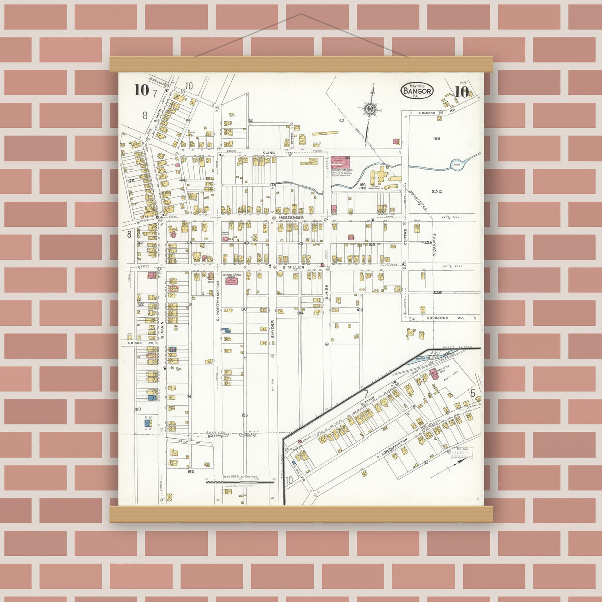 Old map wall art mockup — magnetic wood frame on brick wall — Sanborn Fire Insurance Map from Bangor, Northampton County, Pennsylvania (1923), Sheet #0010