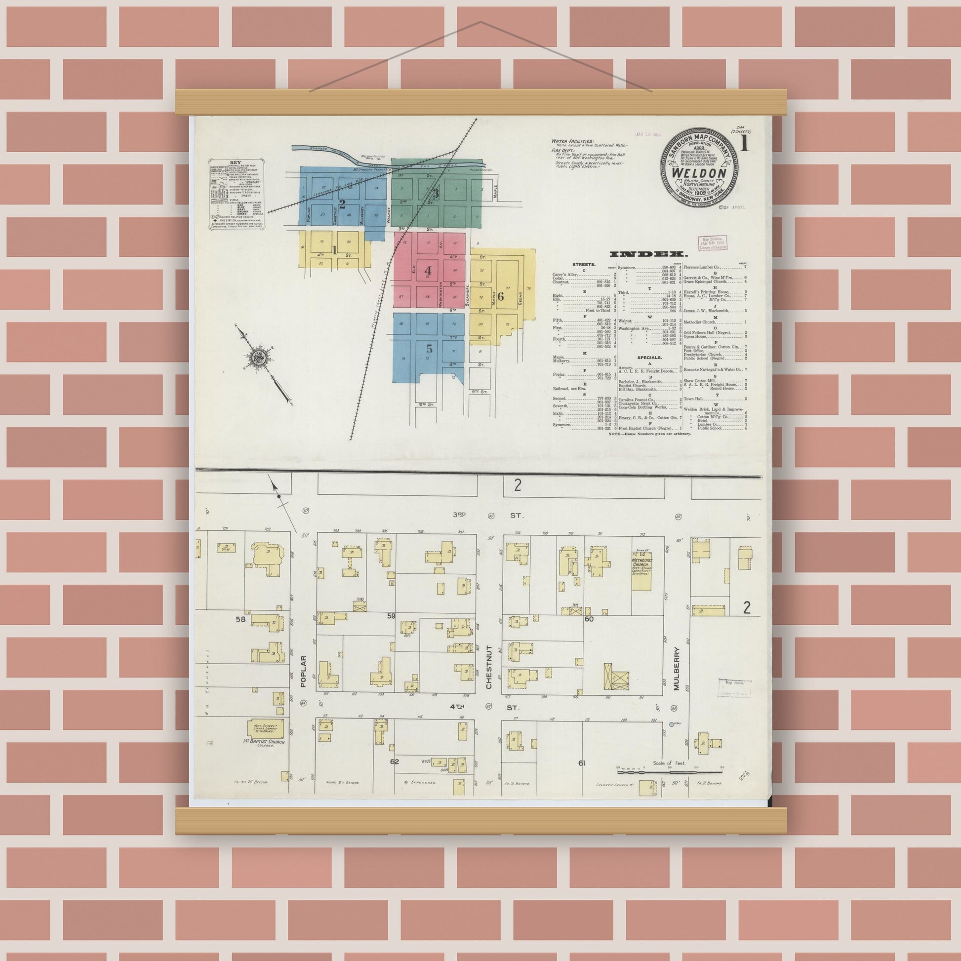 Old map wall art mockup — magnetic wood frame on brick wall — Sanborn Fire Insurance Map from Weldon, Halifax County, North Carolina (1909) - Complete Map Set