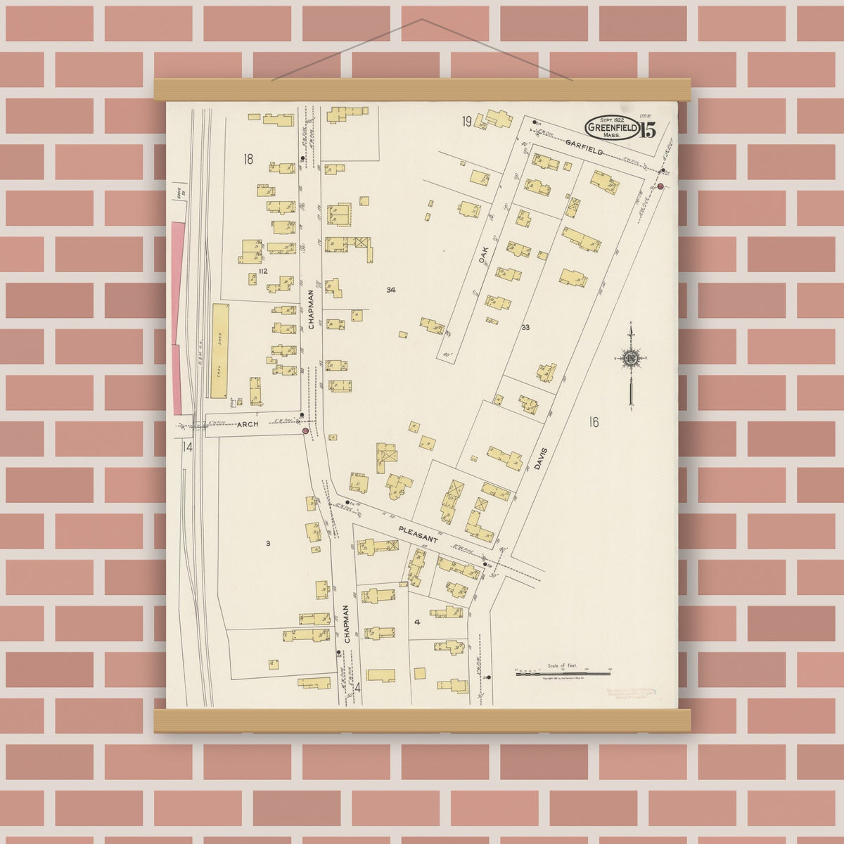 Old map wall art mockup — magnetic wood frame on brick wall — Sanborn Fire Insurance Map from Greenfield, Franklin County, Massachusetts (1922), Sheet #0015