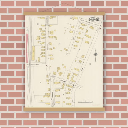 Old map wall art mockup — magnetic wood frame on brick wall — Sanborn Fire Insurance Map from Greenfield, Franklin County, Massachusetts (1922), Sheet #0015