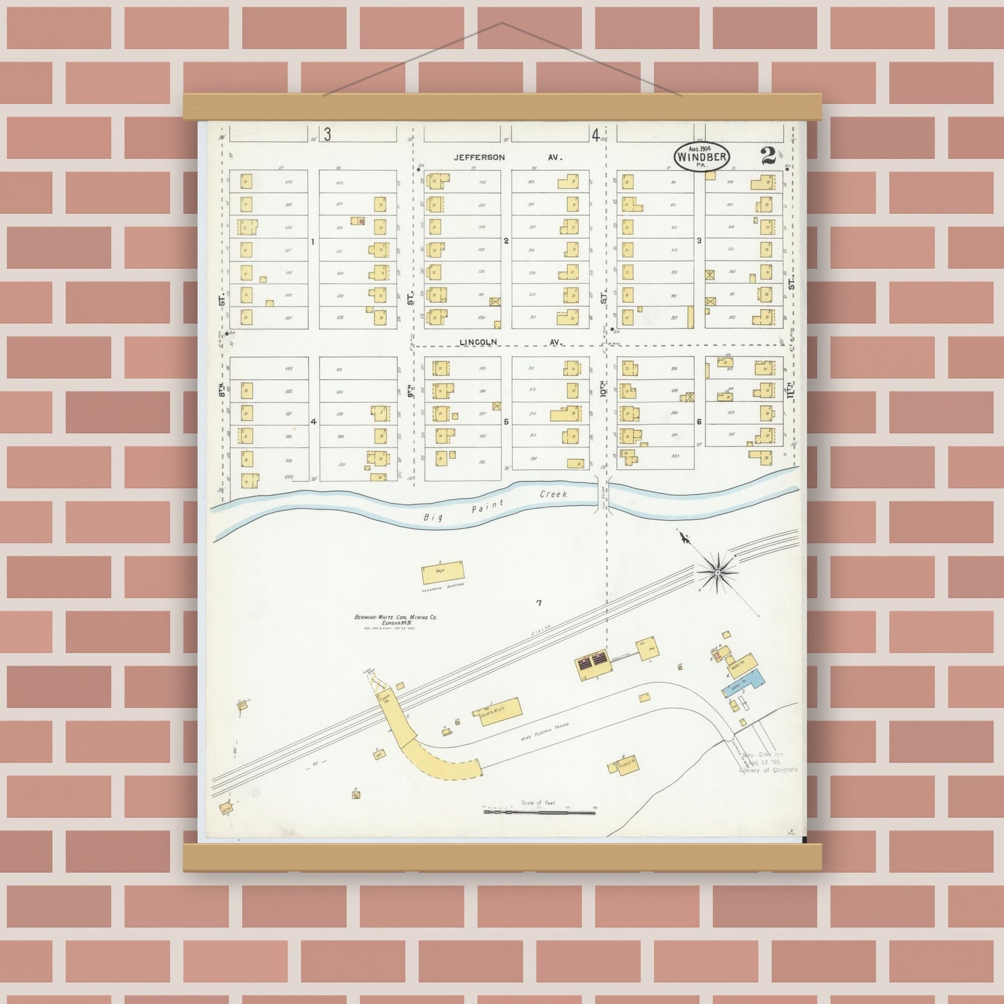 Old map wall art mockup — magnetic wood frame on brick wall — Sanborn Fire Insurance Map from Windber, Somerset County, Pennsylvania (1904), Sheet #0002