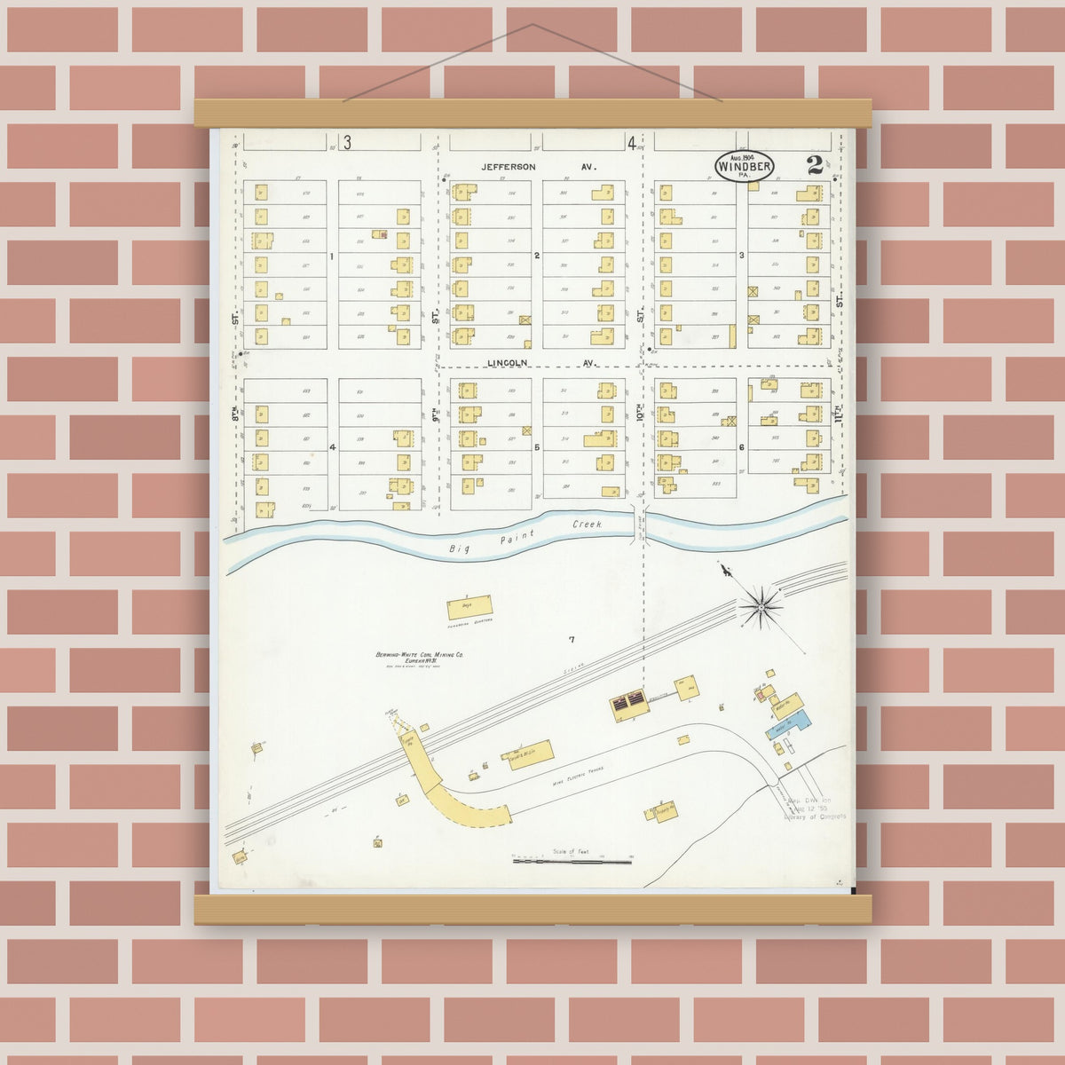 Old map wall art mockup — magnetic wood frame on brick wall — Sanborn Fire Insurance Map from Windber, Somerset County, Pennsylvania (1904), Sheet #0002