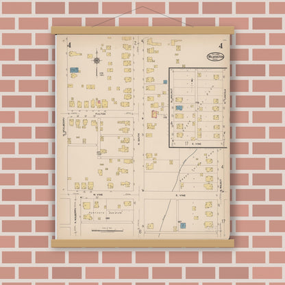 Old map wall art mockup — magnetic wood frame on brick wall — Sanborn Fire Insurance Map from Wilmington, Clinton County, Ohio (1922), Sheet #0004
