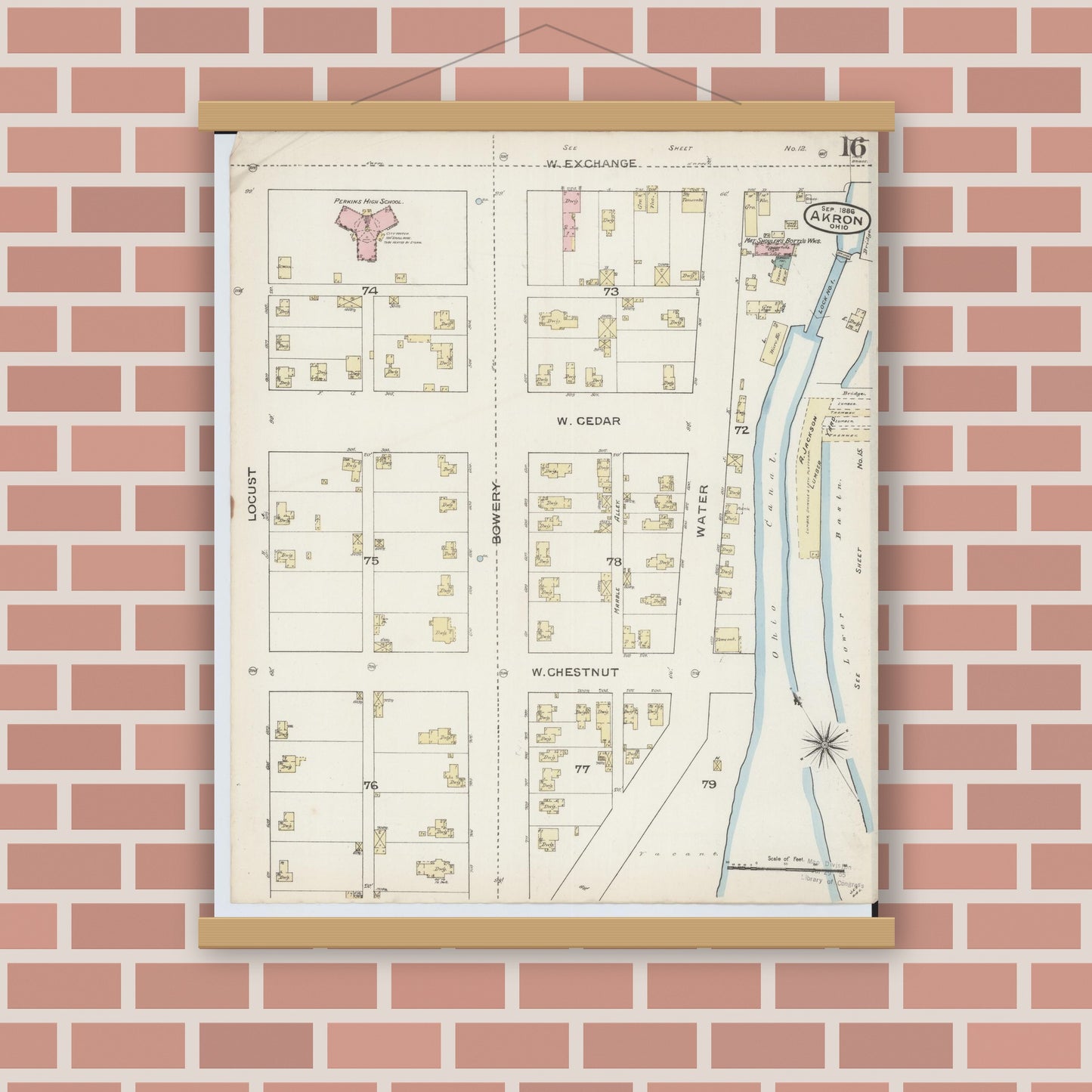 Old map wall art mockup — magnetic wood frame on brick wall — Sanborn Fire Insurance Map from Akron, Summit County, Ohio (1886), Sheet #0016