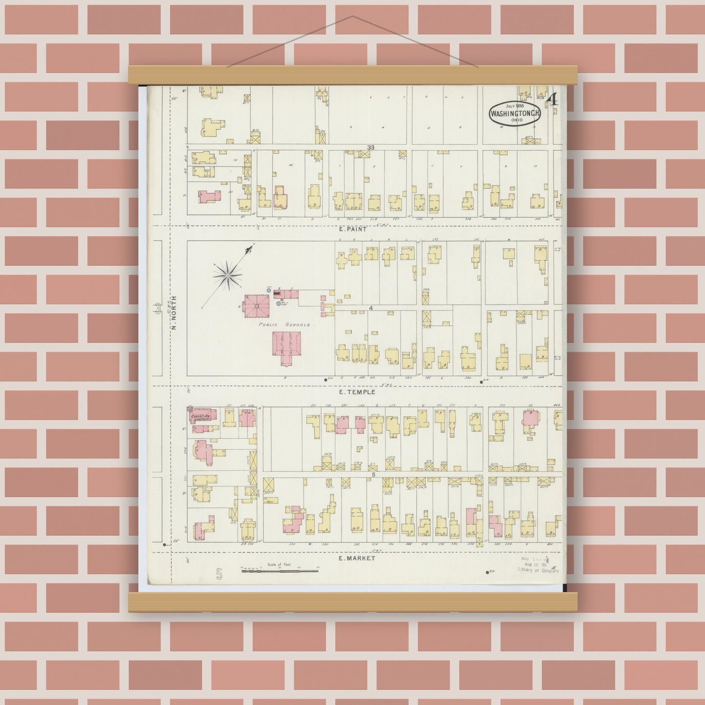 Old map wall art mockup — magnetic wood frame on brick wall — Sanborn Fire Insurance Map from Washington Court House, Fayette County, Ohio (1895), Sheet #0004