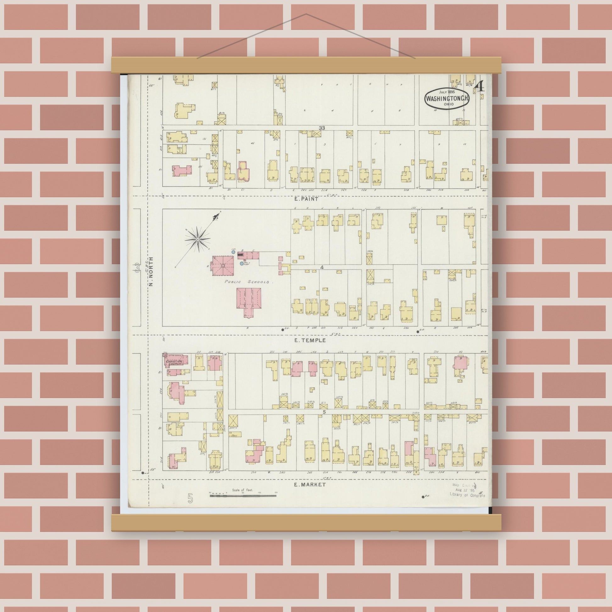 Old map wall art mockup — magnetic wood frame on brick wall — Sanborn Fire Insurance Map from Washington Court House, Fayette County, Ohio (1895), Sheet #0004