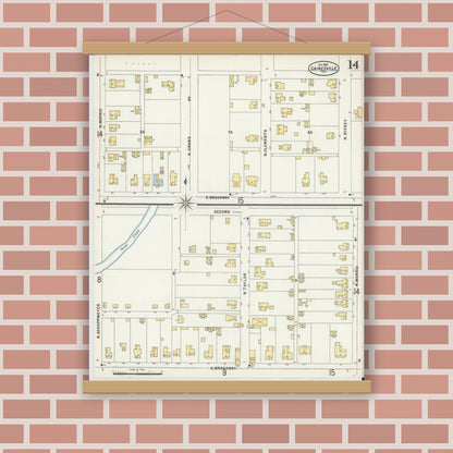 Old map wall art mockup — magnetic wood frame on brick wall — Sanborn Fire Insurance Map from Gainesville, Cooke County, Texas (1897), Sheet #0014