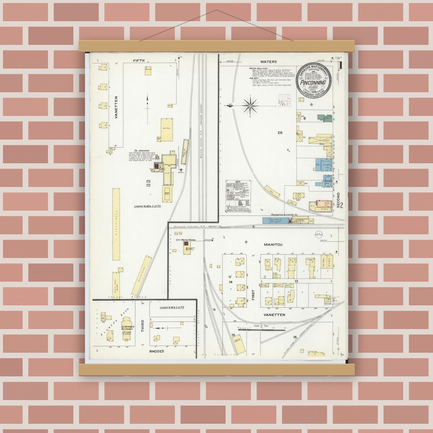 Old map wall art mockup — magnetic wood frame on brick wall — Sanborn Fire Insurance Map from Pinconning, Bay County, Michigan (1909) - Complete Map Set