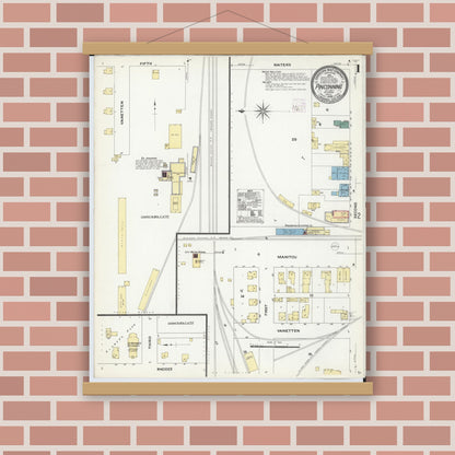 Old map wall art mockup — magnetic wood frame on brick wall — Sanborn Fire Insurance Map from Pinconning, Bay County, Michigan (1909) - Complete Map Set