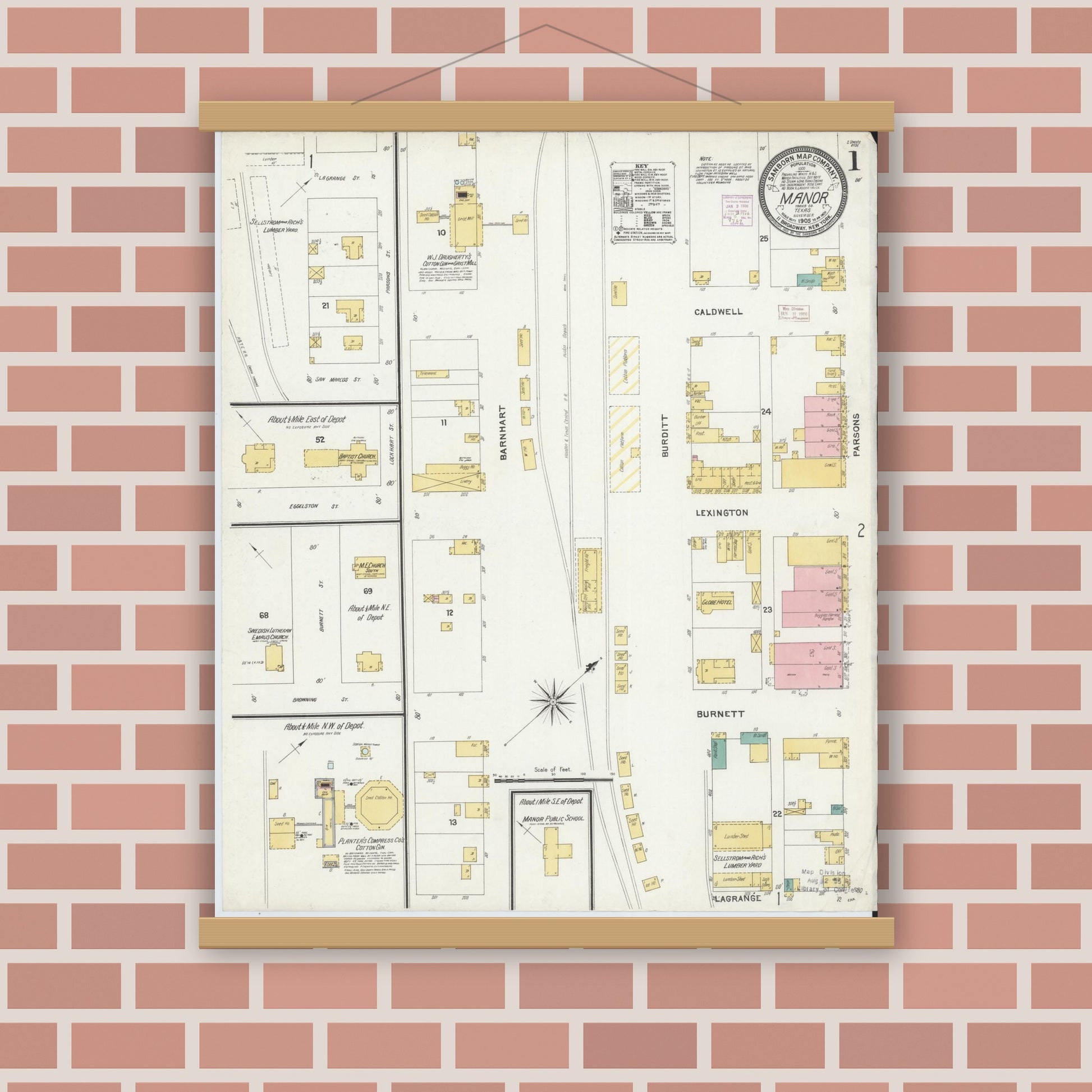 Old map wall art mockup — magnetic wood frame on brick wall — Sanborn Fire Insurance Map from Manor, Travis County, Texas (1905), Sheet #0001