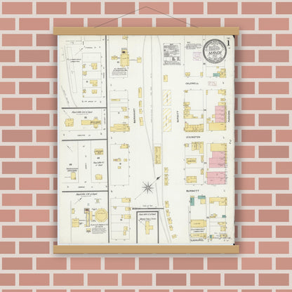 Old map wall art mockup — magnetic wood frame on brick wall — Sanborn Fire Insurance Map from Manor, Travis County, Texas (1905), Sheet #0001