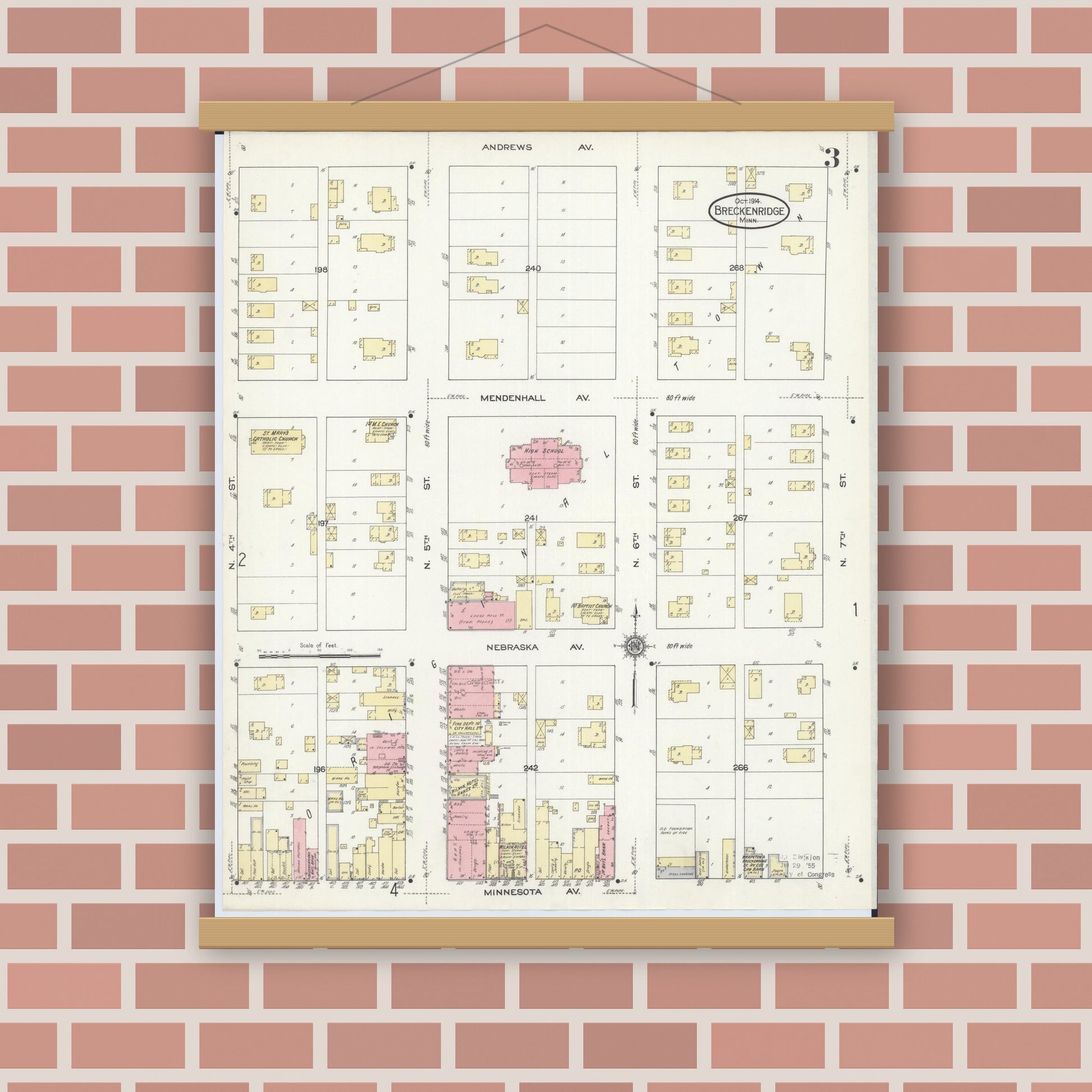 Old map wall art mockup — magnetic wood frame on brick wall — Sanborn Fire Insurance Map from Breckenridge, Wilkin County, Minnesota (1914), Sheet #0003