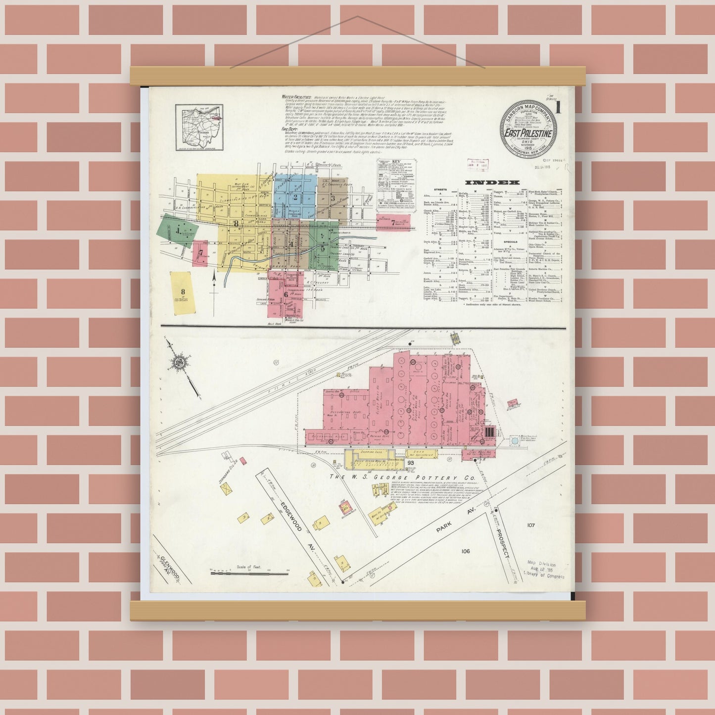 Old map wall art mockup — magnetic wood frame on brick wall — Sanborn Fire Insurance Map from East Palestine, Columbiana County, Ohio (1915) - Complete Map Set
