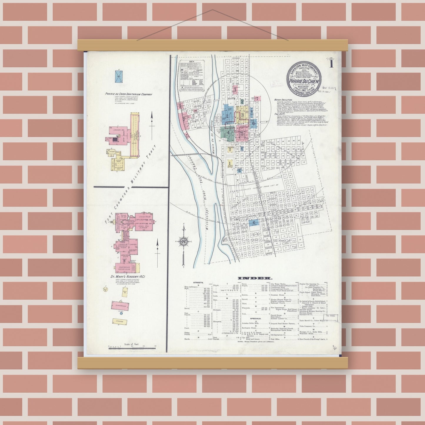 Old map wall art mockup — magnetic wood frame on brick wall — Sanborn Fire Insurance Map from Prairie du Chien, Crawford County, Wisconsin (1912), Sheet #0001