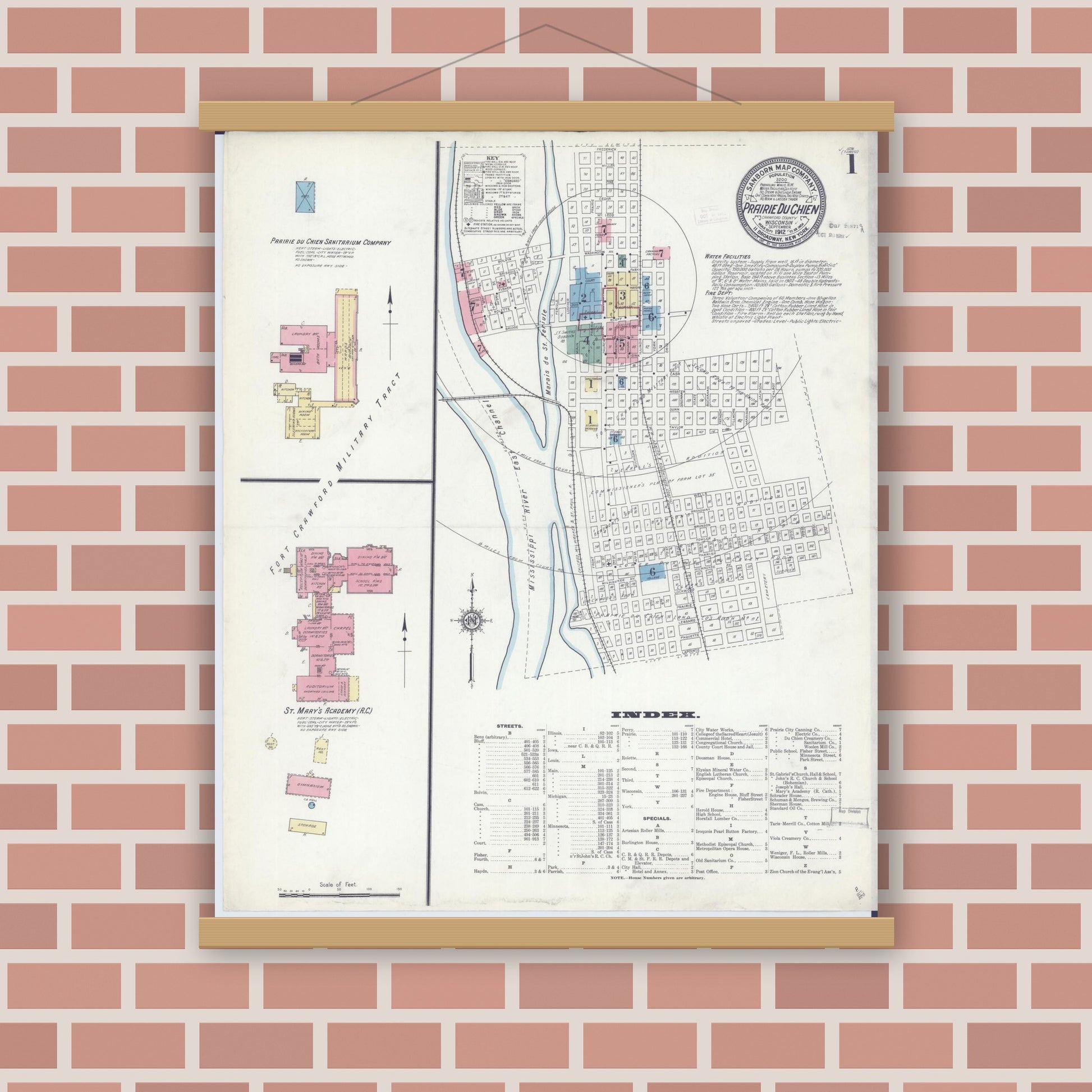Old map wall art mockup — magnetic wood frame on brick wall — Sanborn Fire Insurance Map from Prairie du Chien, Crawford County, Wisconsin (1912), Sheet #0001