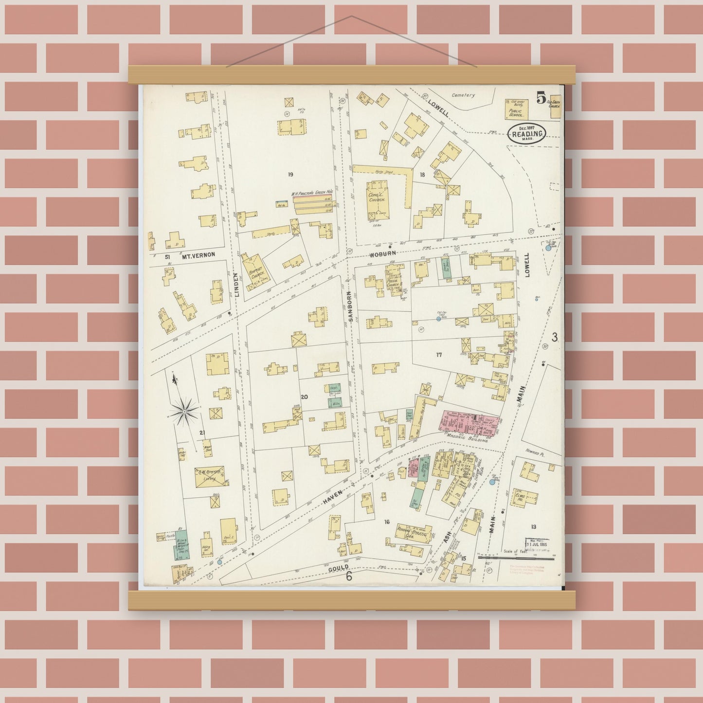Old map wall art mockup — magnetic wood frame on brick wall — Sanborn Fire Insurance Map from Reading, Middlesex County, Massachusetts (1897), Sheet #0005