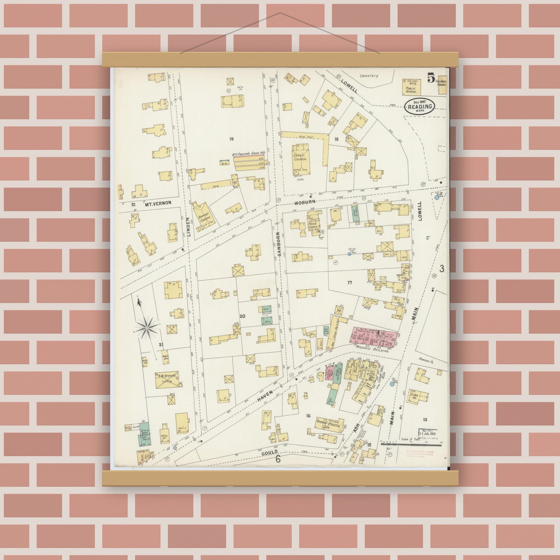 Old map wall art mockup — magnetic wood frame on brick wall — Sanborn Fire Insurance Map from Reading, Middlesex County, Massachusetts (1897), Sheet #0005