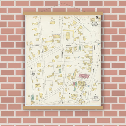 Old map wall art mockup — magnetic wood frame on brick wall — Sanborn Fire Insurance Map from Reading, Middlesex County, Massachusetts (1897), Sheet #0005