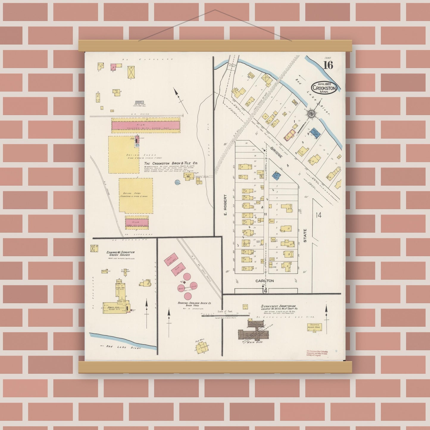 Old map wall art mockup — magnetic wood frame on brick wall — Sanborn Fire Insurance Map from Crookston, Polk County, Minnesota (1922), Sheet #0016