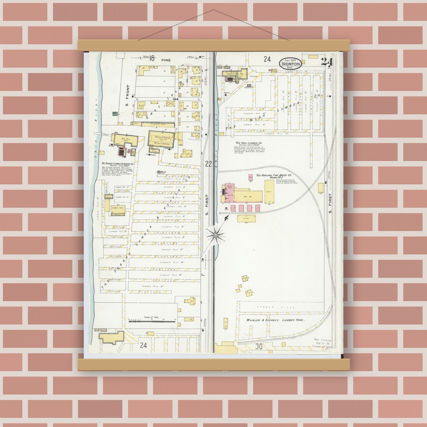 Old map wall art mockup — magnetic wood frame on brick wall — Sanborn Fire Insurance Map from Ironton, Lawrence County, Ohio (1909), Sheet #0024