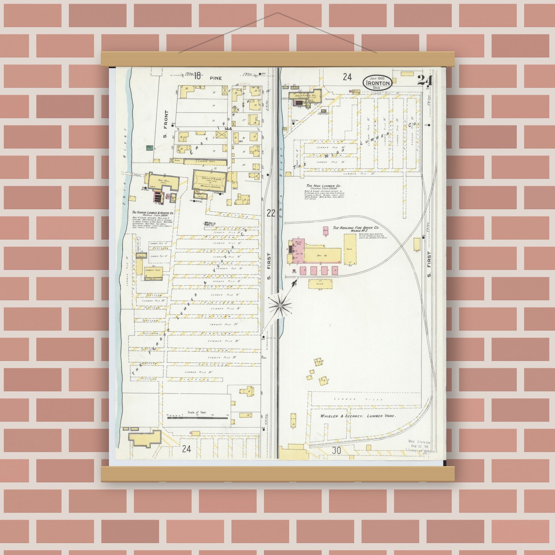 Old map wall art mockup — magnetic wood frame on brick wall — Sanborn Fire Insurance Map from Ironton, Lawrence County, Ohio (1909), Sheet #0024