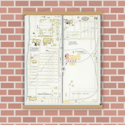 Old map wall art mockup — magnetic wood frame on brick wall — Sanborn Fire Insurance Map from Ironton, Lawrence County, Ohio (1909), Sheet #0024