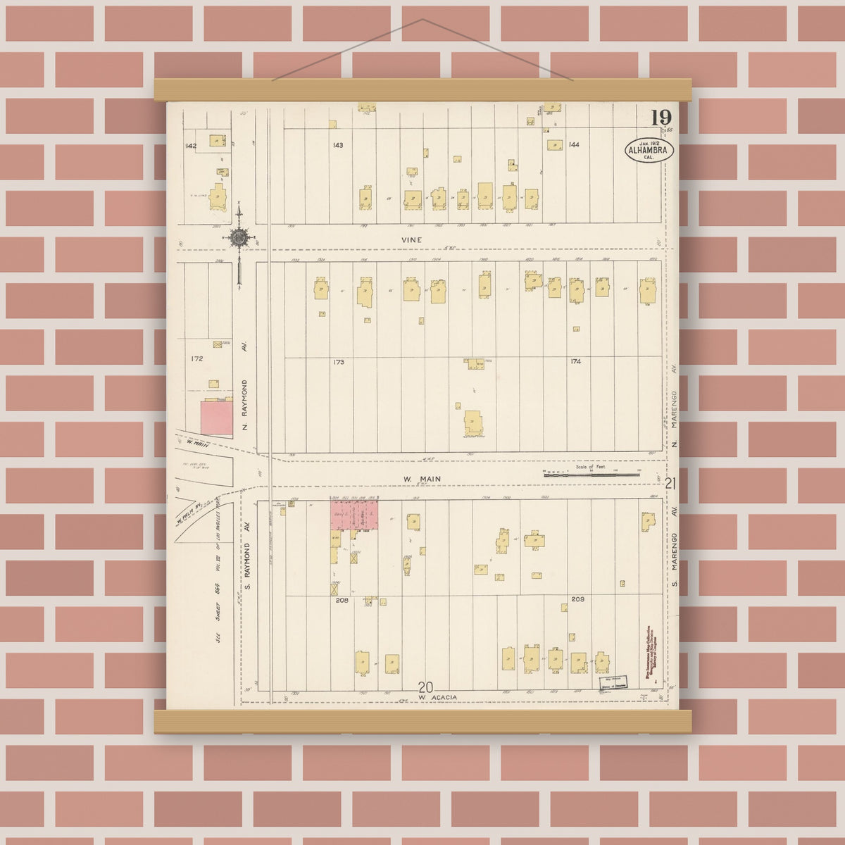 Old map wall art mockup — magnetic wood frame on brick wall — Sanborn Fire Insurance Map from Alhambra, Los Angeles County, California (1912), Sheet #0019