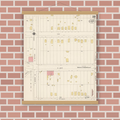 Old map wall art mockup — magnetic wood frame on brick wall — Sanborn Fire Insurance Map from Alhambra, Los Angeles County, California (1912), Sheet #0019