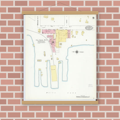 Old map wall art mockup — magnetic wood frame on brick wall — Sanborn Fire Insurance Map from Whitehall, Muskegon County, Michigan (1910), Sheet #0009