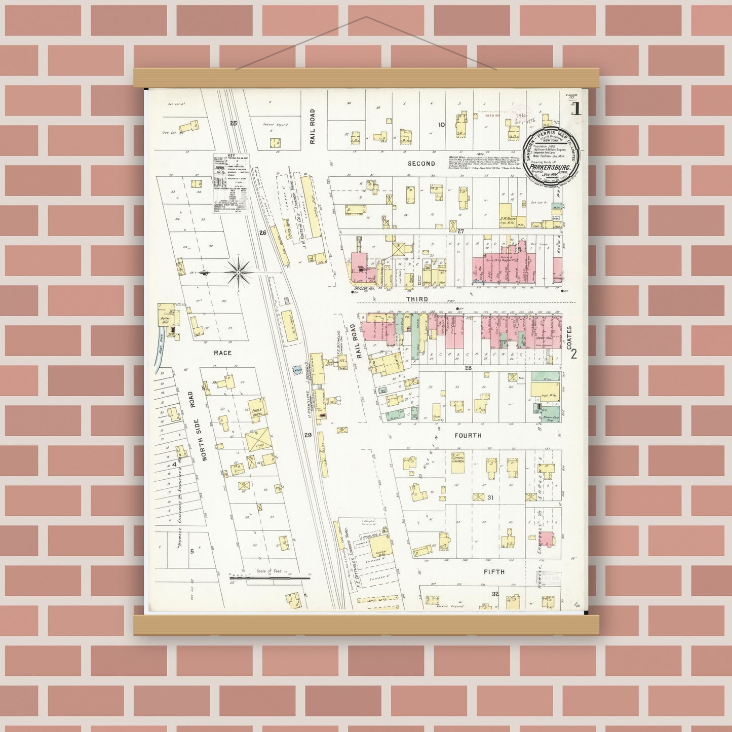 Old map wall art mockup — magnetic wood frame on brick wall — Sanborn Fire Insurance Map from Parkersburg, Butler County, Iowa (1896), Sheet #0001